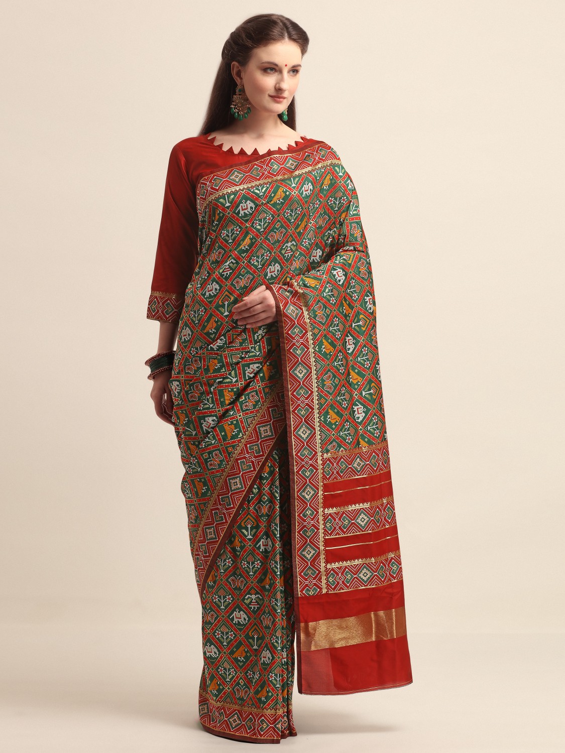 KAPAAHA Woven Figure Patola Saree (Dark Green)